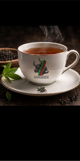 A steaming cup of black tea with the "VOODEX" logo (a bull design featuring red and green stripes) sits on a saucer alongside tea leaves and fresh mint. The image visually reinforces the post's mention of @voodex_moon, branding the project with a warm, early-morning "GM" vibe tied to its AI + Trading + TON focus.