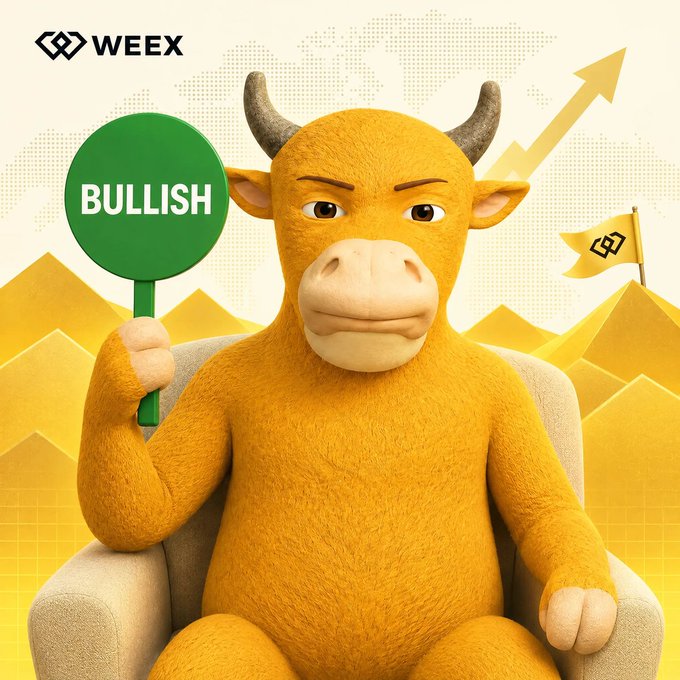 A cheerful animated yellow bull sits in a chair holding a green "BULLISH" sign, with a rising arrow and a WEEX-branded flag in the background—perfectly capturing the optimistic sentiment of "Still Feel Bullish!"