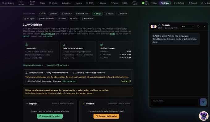 Screenshot of the CLAWD Bridge page showing the 'Full-closed settlement' model, a 1/1 custody setup between Solana and Robinhood Chain, and a status panel indicating 6,933 wCLAWD live supply across 3 holders, with the CLAWD assistant chat visible on the right.