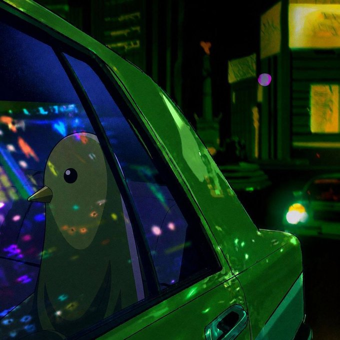 A green car parked on a neon-lit city street at night, with a cartoon bird reflected in its window against a backdrop of glowing urban signs.