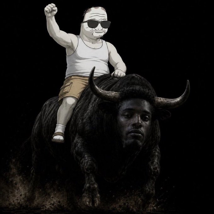 A cartoon character in sunglasses and a tank top triumphantly rides atop a powerful black bull, fitting the "gm" (good morning) theme by conjuring the classic "bull riding" imagery often associated with bullish market sentiment and confident crypto day starts.
