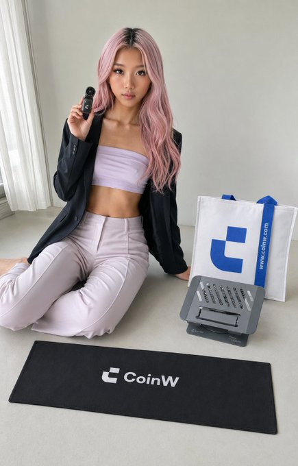 A promotional photo featuring a woman with pink hair sitting next to CoinW branded merchandise, including a shopping bag, desk mat, and device stand.