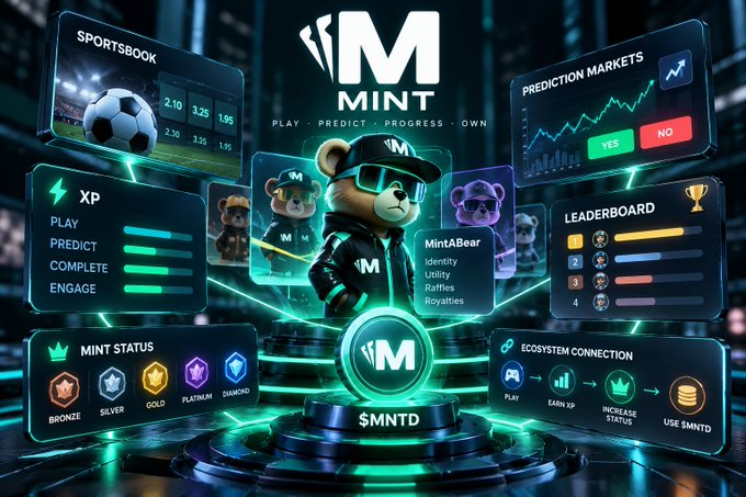 Promotional graphic for "MINT" featuring a bear mascot in sunglasses, displaying sections for Sportsbook, Prediction Markets, XP, Leaderboard, Mint Status, and Ecosystem Connection.