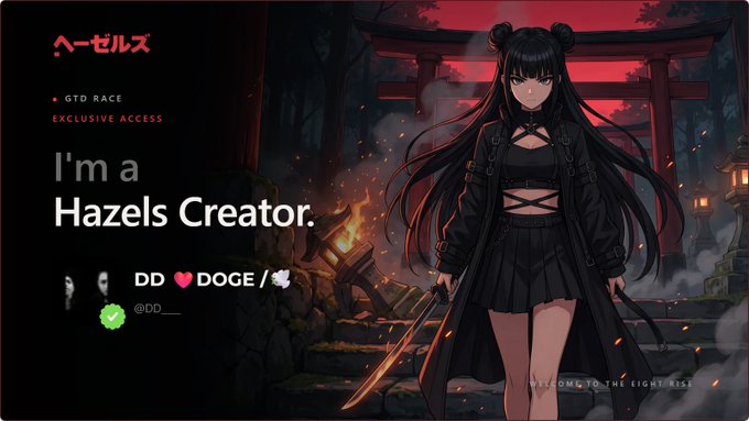 A dark-themed banner featuring an anime-style female character at a shrine with the text "I'm a Hazels Creator" and "DD ❤ DOGE / 𓆩@DD𓆪".