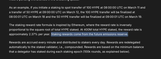 The image shows a text excerpt explaining HYPE token staking mechanics, noting that transfers finalize after a 7-day period and rewards (approximately 2.37% per year at 400M total HYPE staked) accrue every minute from a future emissions reserve. This supports the post's argument that staking rewards come from a separate ecosystem allocation rather than increasing HYPE's total supply.