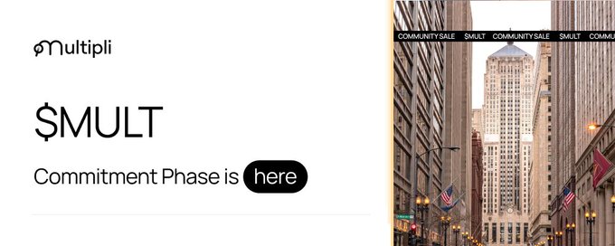 A promotional banner for the Multipli ($MULT) token shows "Commitment Phase is here" alongside a stock image of a downtown city street, suggesting a presale launch announcement that addresses community skepticism ("fud") about the project.