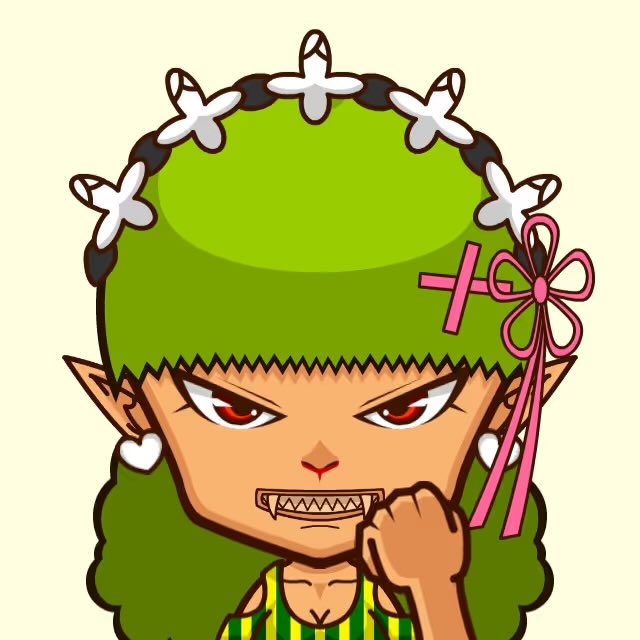 A cartoon-style illustration of a green-haired anime character with fangs, red eyes, and pointed ears, wearing a white flower crown and a pink ribbon.