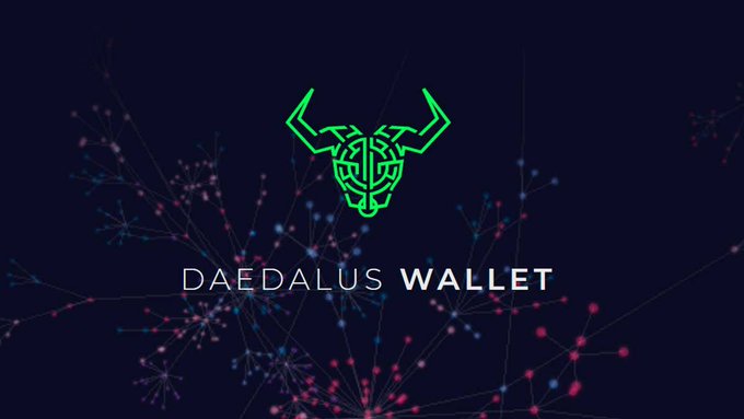 A stylized green geometric bull logo sits above the text "DAEDALUS WALLET" on a dark purple background filled with glowing pink and blue network nodes, symbolizing blockchain connectivity and reinforcing the post's bullish sentiment that Daedalus Wallet will succeed.