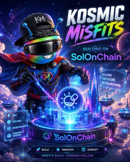 A vibrant promotional graphic titled 'KOSMIC MISFITS' features a cartoon superhero character in futuristic gear, advertising 'BUILDING ON SolOnChain' with attributes like FAST, SCALABLE, DECENTRALIZED, and COMMUNITY POWERED.