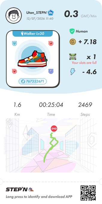 A STEPN app screenshot showing a 'Walker Lv30' sneaker NFT with stats including 0.3 GMT/Min, +7.18 GST, and a recent walk of 1.6 Km in 00:25:04 with 2469 steps.