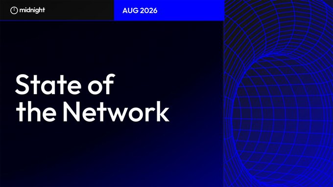 A dark presentation slide titled 'State of the Network' with the 'midnight' logo in the top-left corner, 'AUG 2026' in the top banner, and a blue wireframe globe graphic on the right.