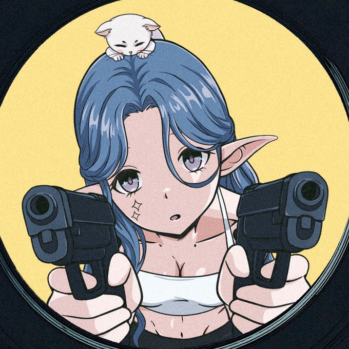 An anime-style illustration of a blue-haired elf-eared girl with a small white cat resting on her head, holding two handguns pointed at the viewer, with a star mark on her cheek.