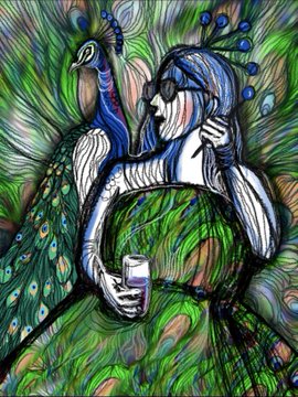 An AI-generated or stylized artwork depicting two figures resembling a peacock and a person in sunglasses and a blue headpiece, rendered in vibrant green and blue swirling patterns.