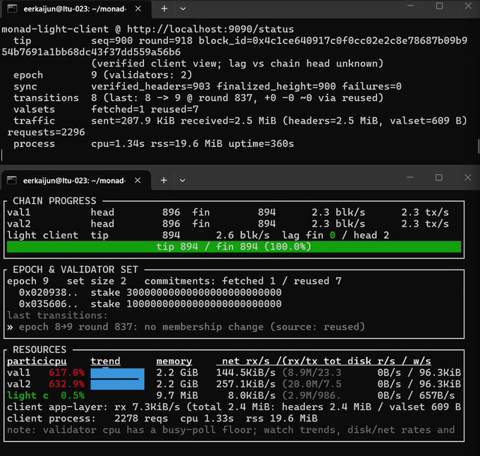 The image shows a computer screen with two windows open, one of which displays a black screen filled with code or text while the other window has a green background with white text that reads "One day we will have light clients on @monad". The main focus is on the second window and its content.