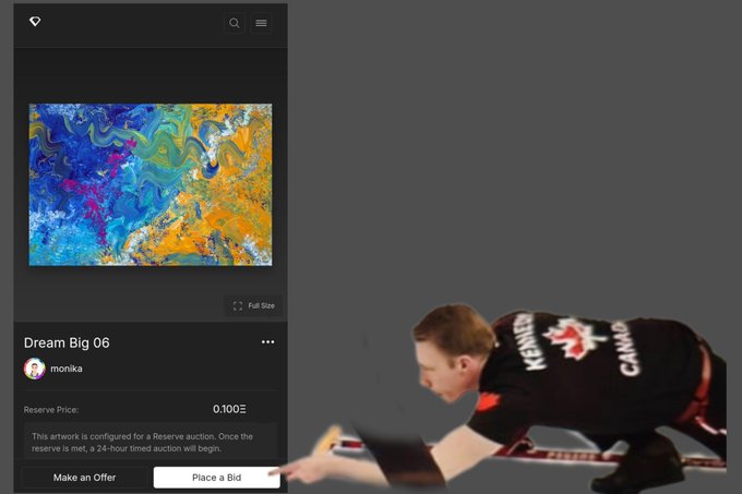 An NFT marketplace listing for 'Dream Big 06' by monika with a reserve price of 0.100 ETH, alongside a photo of a Canadian curling athlete.