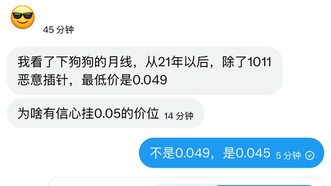 A Chinese chat conversation where a user discusses DOGE's monthly chart, noting the lowest price since 2021 (excluding the 1011 malicious drop) was 0.049, and asks why they're confident about a 0.05 price target, while another replies the correct figure is 0.045.