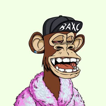 A cartoon illustration of a monkey wearing a black cap with "BAXC" written on it, a pink fur coat, and a blue earring.