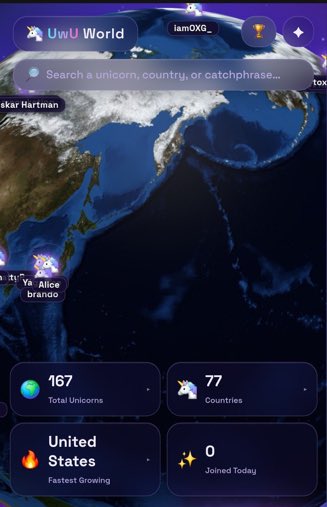 Screenshot of the 'UwU World' app displaying a world map with statistics like '167 Total Unicorns', '77 Countries', and the 'United States' as 'Fastest Growing'.