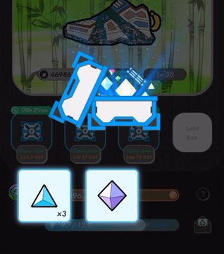 The image shows a cell phone screen with three different game icons displayed, each representing a unique type of item or power-up within a video game. The first icon features a blue diamond shape, the second one has a purple triangle, and the third one is a white square. These icons are likely part of an in-game economy system that allows players to earn points by collecting these items during gameplay.
