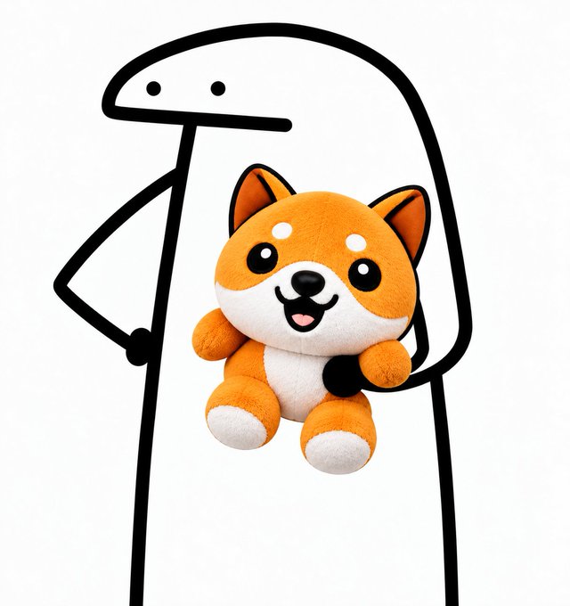 A stick figure is holding a cute, orange Shiba Inu plush toy with a big smile, matching the "$BABYDOGE" meme theme. The adorable dog plush represents the BabyDoge cryptocurrency, styled in a wholesome, huggable manner.