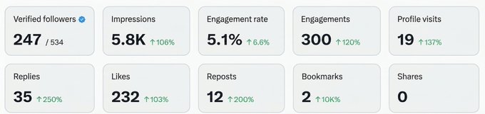 A social media analytics dashboard displaying metrics including 247 verified followers, 5.8K impressions, 5.1% engagement rate, 300 engagements, and 19 profile visits.