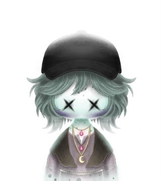 An anime-style illustration of a pale character with messy green hair, X-shaped eyes, and a black beanie, wearing a crescent moon pendant necklace.