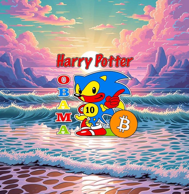 A vibrant vaporwave-style illustration features Sonic the Hedgehog holding a billiard 10-ball, with "Harry Potter OBAMA" text and a Bitcoin logo overlaid.