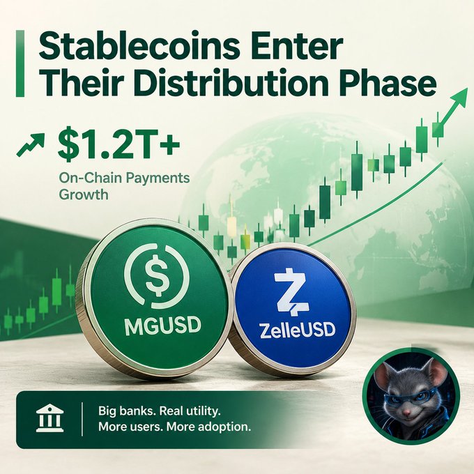 A promotional graphic stating 'Stablecoins Enter Their Distribution Phase' with '$1.2T+ On-Chain Payments Growth', featuring tokens labeled 'MGUSD' and 'ZelleUSD' against a rising stock chart background.