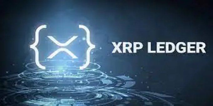 A digital graphic displays the XRP Ledger logo with glowing blue technology-inspired design elements.