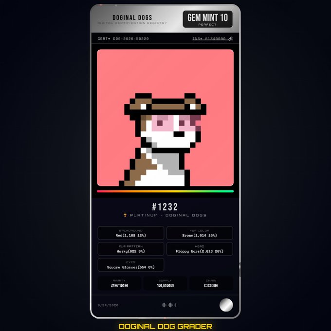 A digital certification registry displays a pixel art "Doginal Dog" NFT with details including "GEM MINT 10", "#1232", and various trait percentages on a device labeled "DOGINAL DOG GRADER".