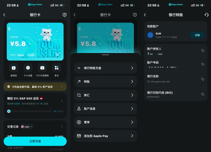 Three screenshots of the Bitget Wallet app show a Fiat24 Euro bank card interface with a ¥5.8 balance, options including "银行卡转账充值" (bank transfer recharge) and "添加 Apple Pay," followed by a bank transfer screen displaying a EUR receiving account (CH19•••••••6565) with the account holder name, number, bank name (SR Saphirstein AG), and SWIFT/BIC code (SAHNOCH22) for funding the card.