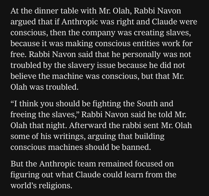A text excerpt from a New York Times article discussing Rabbi Navon's dinner table argument with Mr. Olah about whether Anthropic was creating slaves by making Claude work, and concerns over building conscious machines.