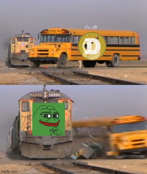 The image features a cartoon depiction of a frog with a green face, sitting next to a yellow school bus that has been hit by another vehicle. The caption for the image reads "$PEPE continues to outperform". This suggests that the frog is consistently outperforming other objects in its environment, including the school bus which was damaged in an accident.