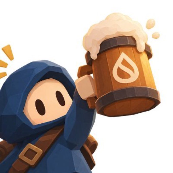 A low-poly 3D character in a blue hooded robe cheerfully holding up a frothy wooden mug with a drop logo on it.