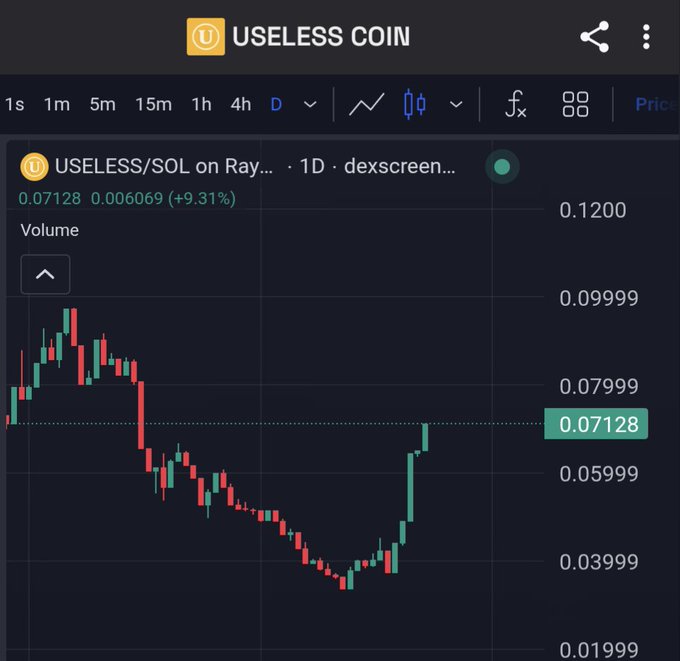 A candlestick chart for 'USELESS/SOL' on Raydium shows a price of 0.07128, indicating a 9.31% increase, with the title 'USELESS COIN' at the top.