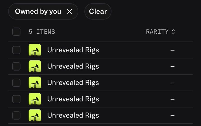 A dark-themed digital inventory interface showing a filter 'Owned by you' with '5 ITEMS' listed as 'Unrevealed Rigs', each with a yellow icon depicting an oil rig.