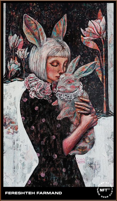 A girl with bunny ears tenderly embraces a rabbit, set against a starry backdrop with stylized tulips, bearing the text "FERESHTEH FARMAND" and an "NFT NEW YORK 2022" logo. The artwork illustrates the Times Square Art Challenge piece by Fereshteh Farmand, which is highlighted in the post as the most collected work.