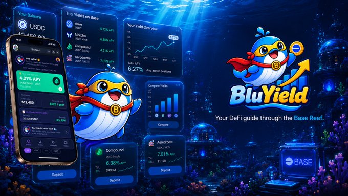 A promotional graphic for 'BluYield' featuring a blue penguin mascot wearing a superhero mask and cape, advertising it as 'Your DeFi guide through the Base Reef' with screenshots of yield tracking interfaces showing APY rates.