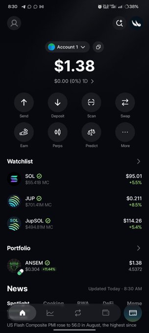 A crypto wallet screenshot showing Account 1 with a $1.38 balance, featuring an ANSEM token holding of $1.38 (4.5372 tokens, up 11.44%) in the portfolio section. The Watchlist displays SOL at $95.01, JUP at $0.211, and JupSOL at $114.26, reflecting the poster's modest crypto holdings during their extended grind.