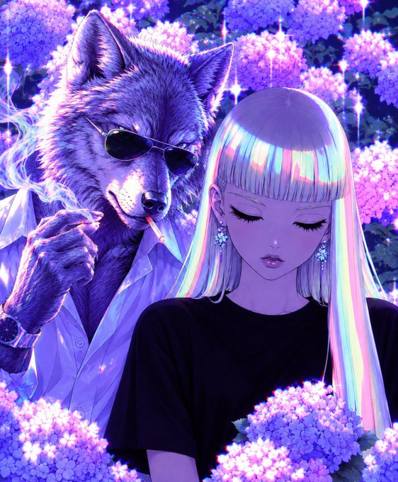 A digital illustration depicts an anthropomorphic wolf wearing sunglasses and smoking a cigarette, standing next to a woman with pastel-colored hair in a field of purple flowers.