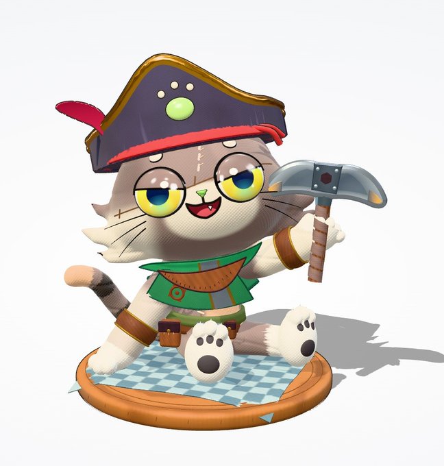 A stylized cat character dressed as a pirate stands on a checkered mat, holding a curved cutlass and wearing a tricorn hat with a green jewel. The image has no visible text or numbers and illustrates the post’s description of **#Manekora**, a trading-themed lucky cat NFT that can go long or short.