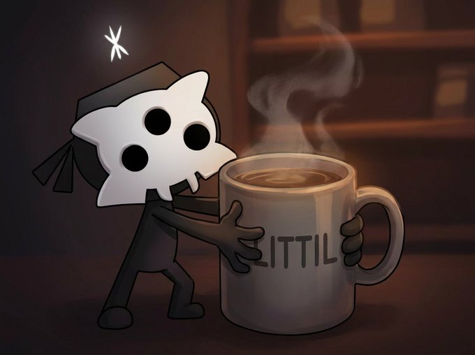 A cartoon illustration of a small character in a black ninja-like outfit holding a large steaming mug labeled 'LITTL' with a skull/cat-like face, set against a dark background with floating sparkles.