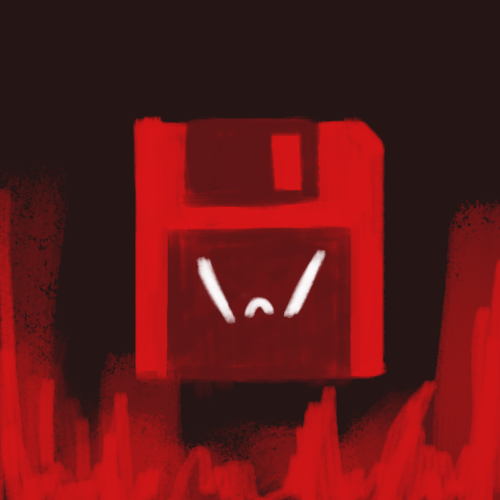 A menacing red floppy disk character with glowing white eyes glowers amid red flames, evoking a glitchy, ominous tech aesthetic. The fiery, demonic imagery amplifies the post's claim about "DARK Machines" generating $PRINTER tokens, reinforcing the ominous and aggressive tone of the crypto announcement.