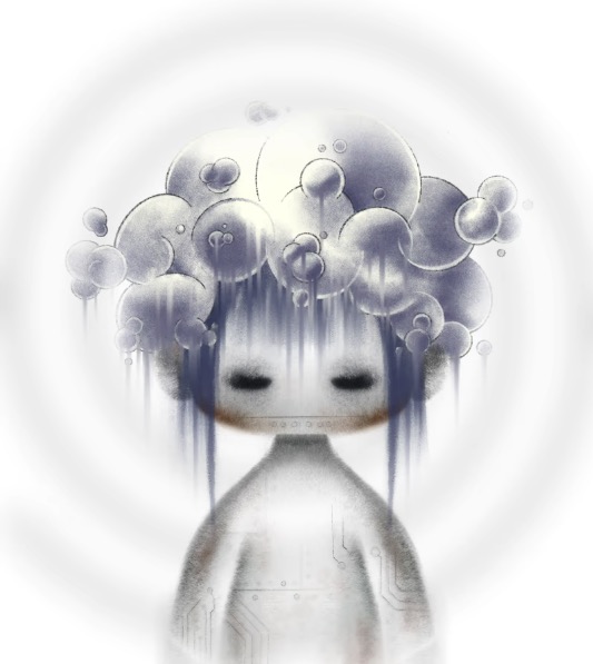 A digital illustration of an ethereal, melancholic figure with closed eyes, surrounded by cloud-like spheres and dripping blue paint effects on a white background.