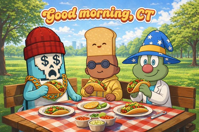 Cartoon illustration titled 'Good morning, CT' showing three characters—a skull-headed figure with dollar signs, a bread-headed character, and a green wizard—eating tacos at a picnic table.