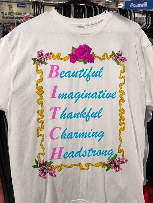 A white t-shirt on a Goodwill rack features an acronym BITCH in pink and blue lettering, decorated with roses and the words: "Beautiful," "Imaginative," "Thankful," "Charming," and "Headstrong."