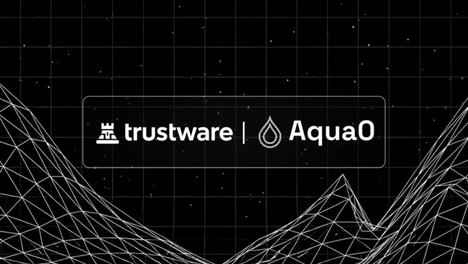 A logo banner displaying 'trustware | Aqua0' against a dark background with wireframe mountain graphics.