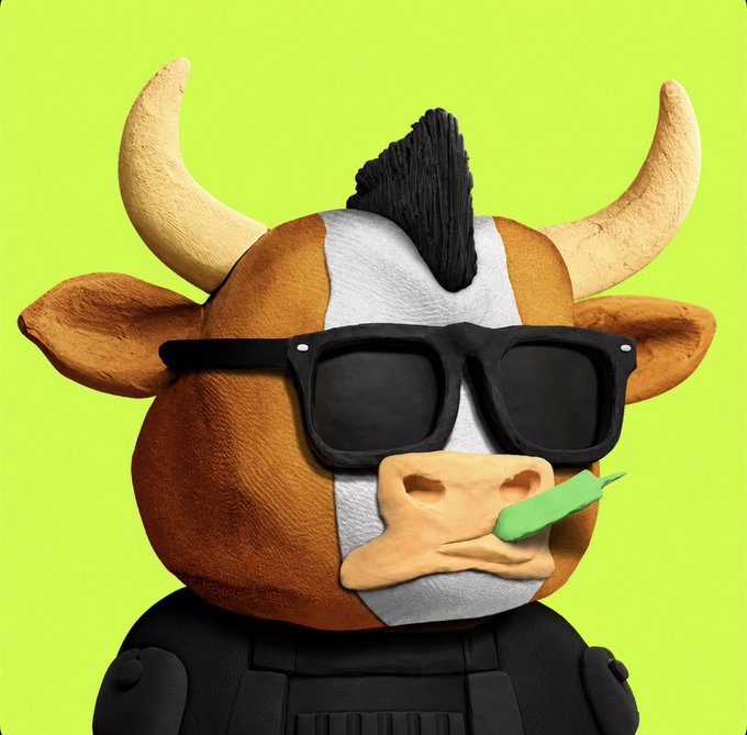 A 3D-rendered cartoon bull character with sunglasses and a green piece of grass hanging from its mouth, set against a bright lime green background.