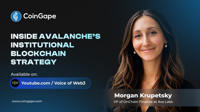 Promotional graphic for CoinGape featuring Morgan Krupetsky, VP of OnChain Finance at Ava Labs, titled "Inside Avalanche's Institutional Blockchain Strategy," advertising an upcoming podcast episode on the Voice of Web3 YouTube channel discussing how AVAX is accelerating institutional blockchain adoption.