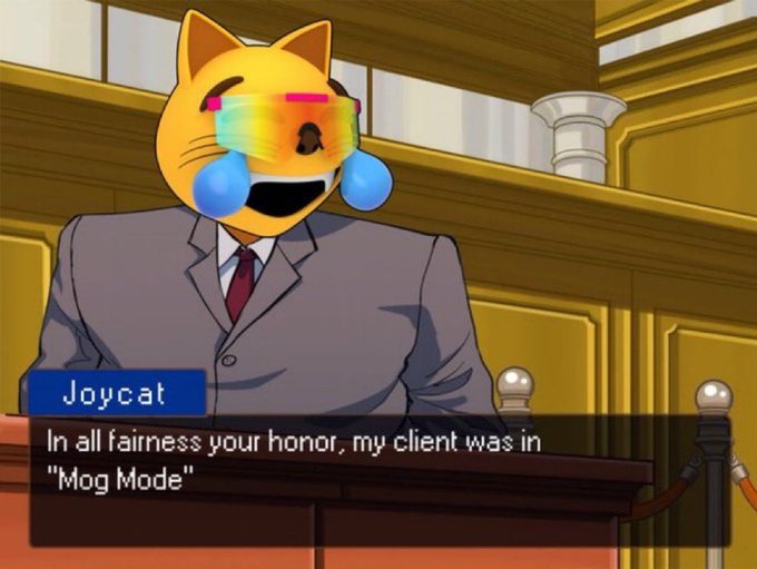 An edited image of a cat character with rainbow sunglasses and blue tear drops in a courtroom, labeled 'Joycat' with text: 'In all fairness your honor, my client was in "Mog Mode".'